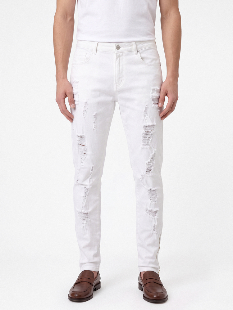 Manfinity Homme Jeans ajustados con cremallera en el tobillo y rotos para hombre - Blanco - Añade 1
