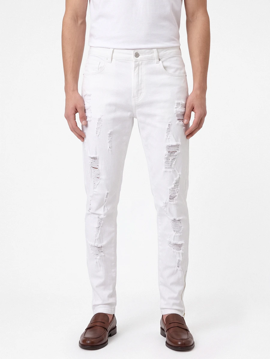 Manfinity Homme Men's Skinny Fit Jeans With Zipper Ankle Boyfriend & Husband Stretch Ripped White For Slim Fit Street - White - View 1
