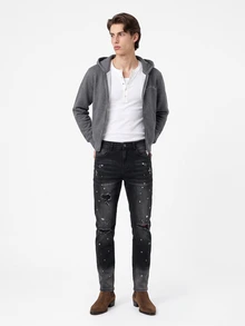Manfinity Homme Men's Street Fashion Casual Distressed Skinny Black Ripped Splatter Jeans, Emo Style Halloween All Saints' Day - Black - View 4
