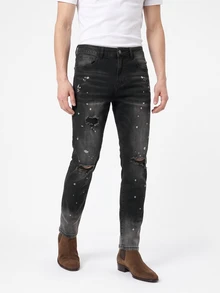 Manfinity Homme Men's Street Fashion Casual Distressed Skinny Black Ripped Splatter Jeans, Emo Style Halloween All Saints' Day - Black - View 5