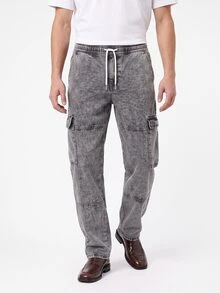 Manfinity Roughcore Men's Wide Leg Grey Denim Jeans With Cargo Pockets Long Length Casual Streetwear Back-To-School Graduation Summer - Light Grey - View 1
