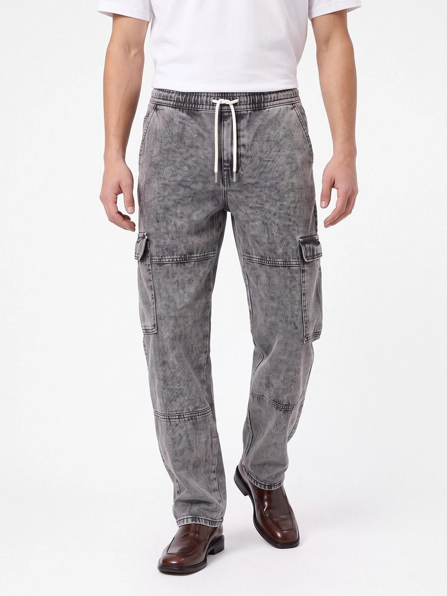 Manfinity Roughcore Men's Wide Leg Grey Denim Jeans With Cargo Pockets Long Length Casual Streetwear Back-To-School Graduation Summer - Light Grey - View 1