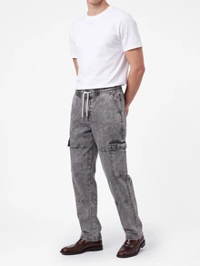 Manfinity Roughcore Men's Wide Leg Grey Denim Jeans With Cargo Pockets Long Length Casual Streetwear Back-To-School Graduation Summer - Light Grey - View 4