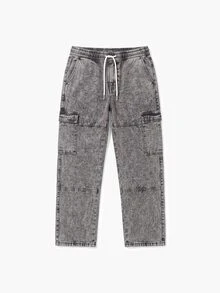 Manfinity Roughcore Men's Wide Leg Grey Denim Jeans With Cargo Pockets Long Length Casual Streetwear Back-To-School Graduation Summer - Light Grey - View 7