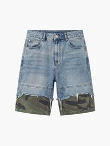 Manfinity EMRG Men's Casual Camouflage Patchwork Denim Shorts, Summer Men Denim Patch Shorts - Blue - View 3