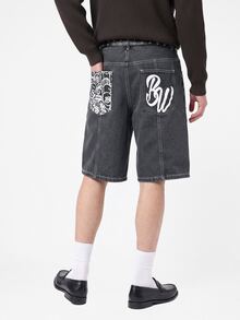 Manfinity EMRG 男士丹寧質感寬腿短褲 深灰色 夏季城市度假街頭風 - 黑色 - 查看 6