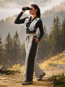 Exploreva Women's Casual Drawstring Waist Colorblock Outdoor Long Pants - Grey - View 6