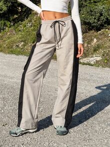 Exploreva Women's Casual Drawstring Waist Colorblock Outdoor Long Pants - Grey - View 3