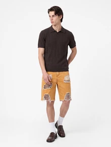 Manfinity Roughcore Men's Solid Color Distressed Frayed Hem Loose Fit Denim Shorts, Summer Men's Ripped Denim Shorts - Brown - View 6
