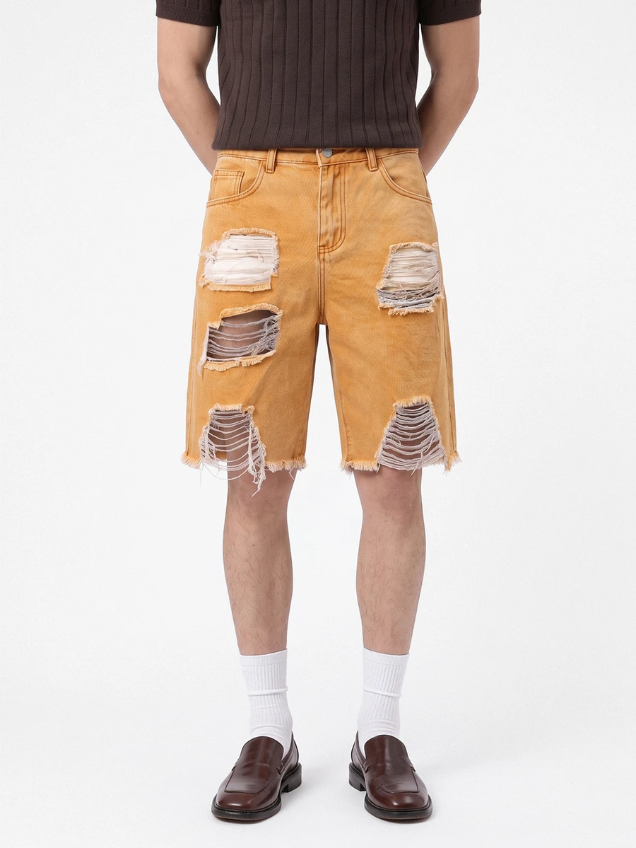 Manfinity Roughcore Men's Solid Color Distressed Frayed Hem Loose Fit Denim Shorts, Summer Men's Ripped Denim Shorts - Brown - View 1