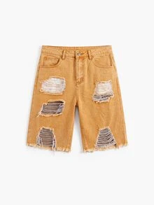 Manfinity Roughcore Men's Solid Color Distressed Frayed Hem Loose Fit Denim Shorts, Summer Men's Ripped Denim Shorts - Brown - View 3