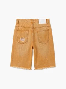 Manfinity Roughcore Men's Solid Color Distressed Frayed Hem Loose Fit Denim Shorts, Summer Men's Ripped Denim Shorts - Brown - View 4