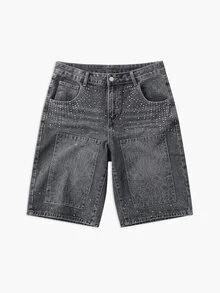 Manfinity Joysei Men's Casual Loose Fit Rhinestone Embellished Pocket Wide Leg Denim Shorts - Grey - View 3