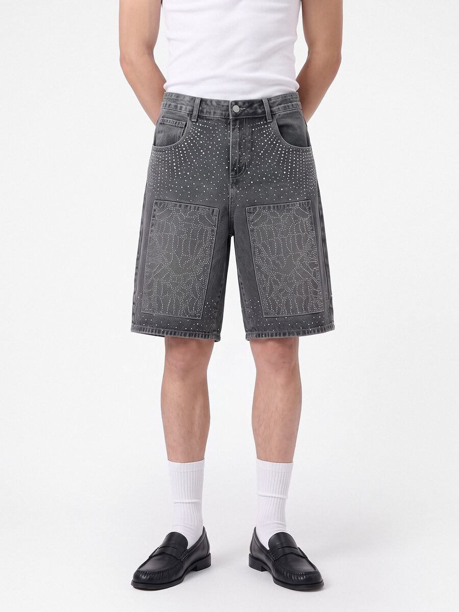 Manfinity Joysei Men's Casual Loose Fit Rhinestone Embellished Pocket Wide Leg Denim Shorts - Grey - View 1