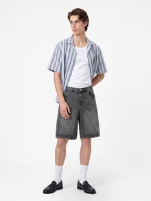 Manfinity Joysei Men's Casual Loose Fit Rhinestone Embellished Pocket Wide Leg Denim Shorts - Grey - View 4
