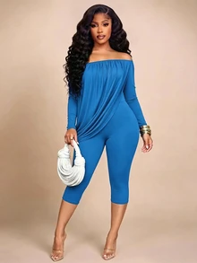 Brilight Matching Set Draped Long Sleeve Top High Waist Capri Leggings For Daily Lounge Street Date Outfit - Blue - View 5