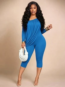 Brilight Matching Set Draped Long Sleeve Top High Waist Capri Leggings For Daily Lounge Street Date Outfit - Blue - View 10