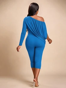 Brilight Matching Set Draped Long Sleeve Top High Waist Capri Leggings For Daily Lounge Street Date Outfit - Blue - View 2