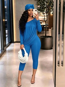 Brilight Matching Set Draped Long Sleeve Top High Waist Capri Leggings For Daily Lounge Street Date Outfit - Blue - View 1