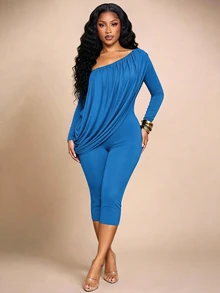 Brilight Matching Set Draped Long Sleeve Top High Waist Capri Leggings For Daily Lounge Street Date Outfit - Blue - View 8