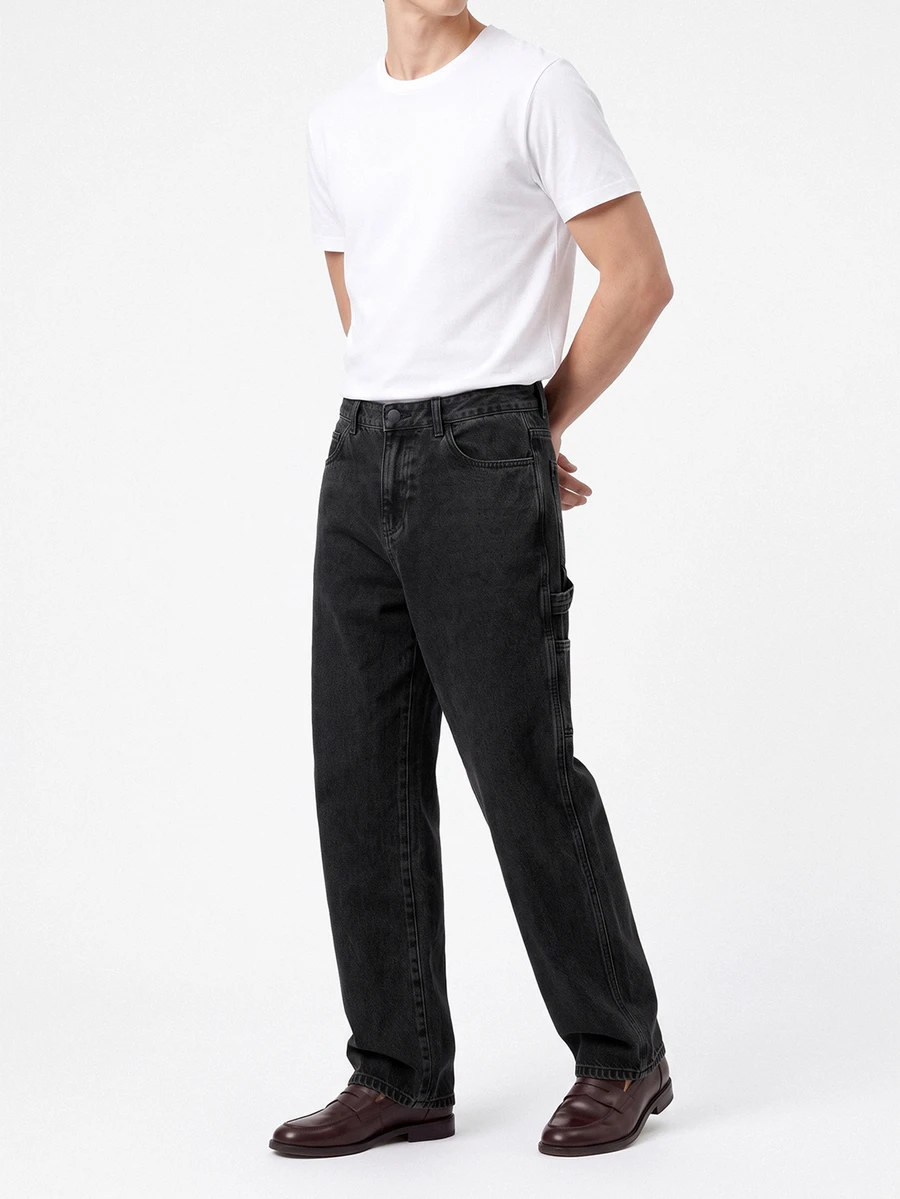 Manfinity EMRG Men's Hip Hop Street Fashion Snow Wash Straight Leg Jeans - Black - View 1