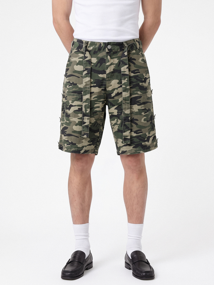 Manfinity EMRG Men's Casual Patchwork Waist Belt Camo Denim Shorts Vacation Army Green Summer - Multicolor - View 4