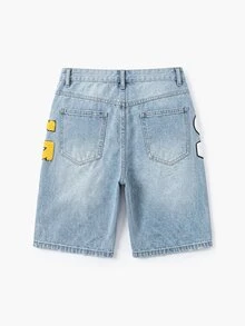 Manfinity EMRG Pantalones cortos de mezclilla con lavado claro, desgastados y con letras de felpa para hombres, vacaciones - Azul - Ver 5