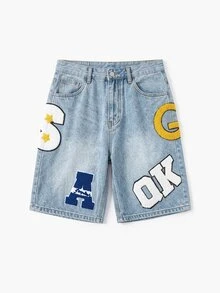 Manfinity EMRG Pantalones cortos de mezclilla con lavado claro, desgastados y con letras de felpa para hombres, vacaciones - Azul - Ver 6