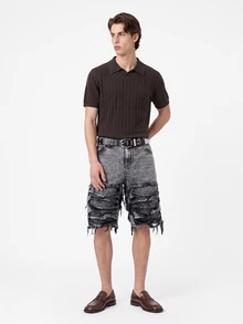 Manfinity EMRG Men's Casual Distressed Frayed Embroidered Grey Denim Shorts, Holiday - Dark Grey - View 3