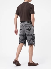 Manfinity EMRG Men's Casual Distressed Frayed Embroidered Grey Denim Shorts, Holiday - Dark Grey - View 2