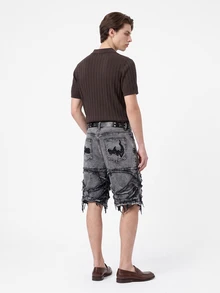 Manfinity EMRG Men's Casual Distressed Frayed Embroidered Grey Denim Shorts, Holiday - Dark Grey - View 4