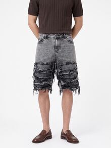 Manfinity EMRG Men's Casual Distressed Frayed Embroidered Grey Denim Shorts, Holiday - Dark Grey - View 1