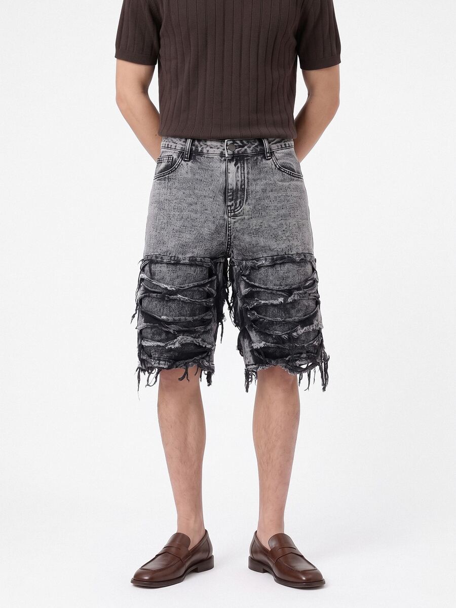 Manfinity EMRG Men's Casual Distressed Frayed Embroidered Grey Denim Shorts, Holiday - Dark Grey - View 1