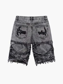 Manfinity EMRG Men's Casual Distressed Frayed Embroidered Grey Denim Shorts, Holiday - Dark Grey - View 5
