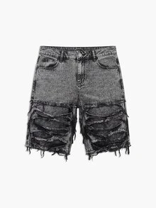 Manfinity EMRG Men's Casual Distressed Frayed Embroidered Grey Denim Shorts, Holiday - Dark Grey - View 6