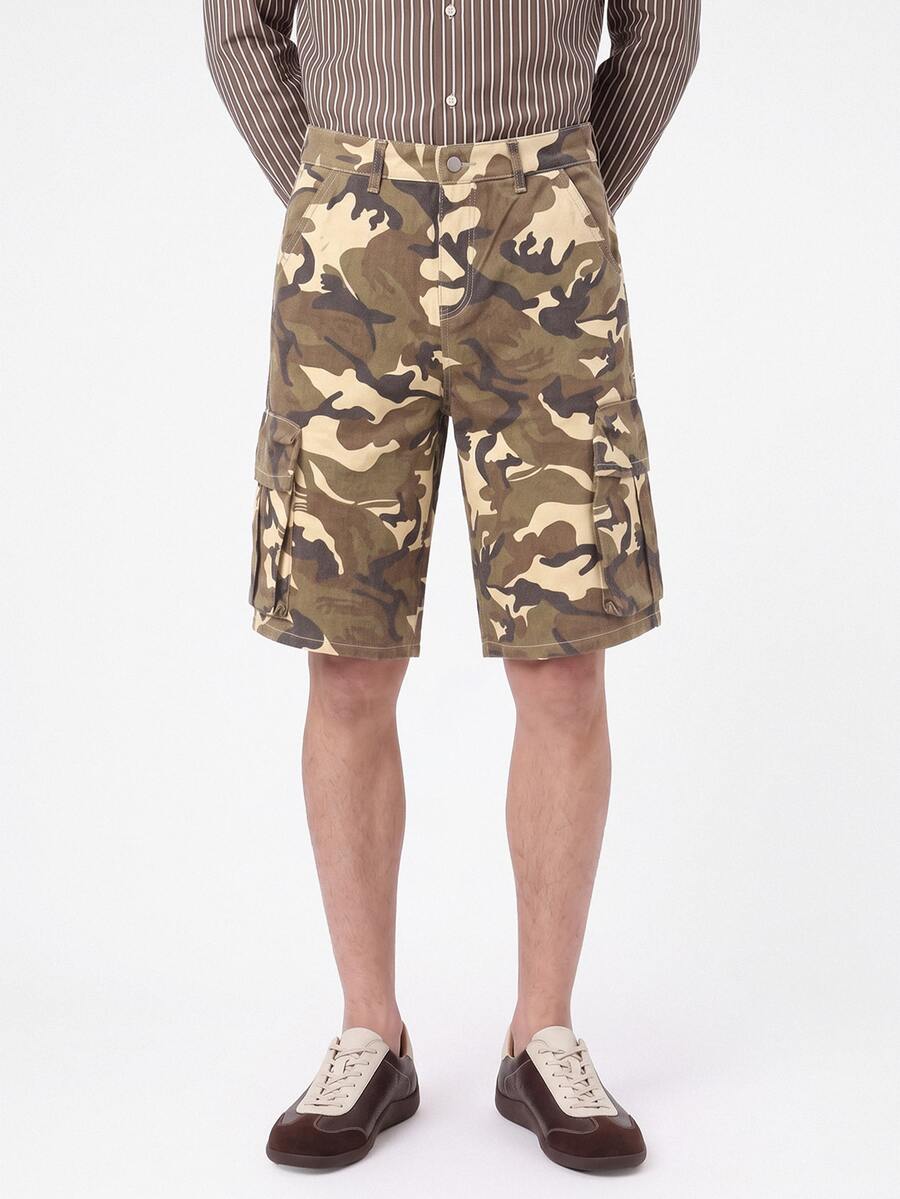 Manfinity Hypemode Camouflage Watermark Cargo Wide Leg Men's Shorts, Holiday Heach Vacation Dark Brown Summer Streetwear - Army Green - View 1