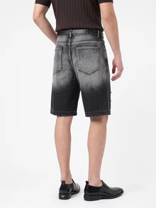 GALLERY FADE Men's Dark Grey Gradient Washed Denim Shorts, Loose Distressed Ripped Bermuda Shorts With Frayed Hem, Summer Casual Streetwear Back-To-School - Black - View 2
