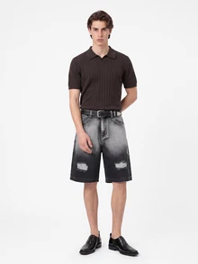 GALLERY FADE Men's Dark Grey Gradient Washed Denim Shorts, Loose Distressed Ripped Bermuda Shorts With Frayed Hem, Summer Casual Streetwear Back-To-School - Black - View 3