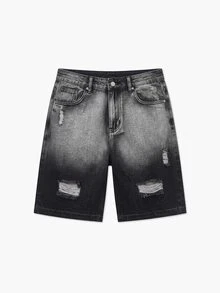 GALLERY FADE Men's Dark Grey Gradient Washed Denim Shorts, Loose Distressed Ripped Bermuda Shorts With Frayed Hem, Summer Casual Streetwear Back-To-School - Black - View 4