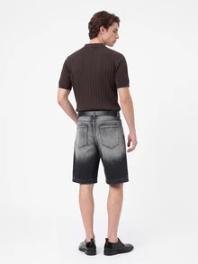 GALLERY FADE Men's Dark Grey Gradient Washed Denim Shorts, Loose Distressed Ripped Bermuda Shorts With Frayed Hem, Summer Casual Streetwear Back-To-School - Black - View 5