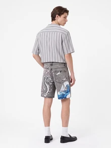 Manfinity Hypemode Men's Wave Sailboat Dragon Print Denim Shorts - Light Grey - View 2
