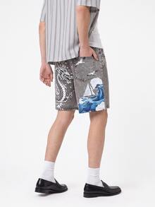Manfinity Hypemode Men's Wave Sailboat Dragon Print Denim Shorts - Light Grey - View 4