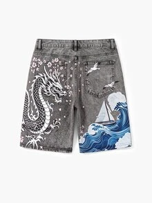 Manfinity Hypemode Men's Wave Sailboat Dragon Print Denim Shorts - Light Grey - View 6