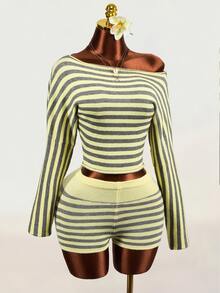 Mistrie Women's Striped Asymmetric Neck Long Sleeve Slim Fit Sweater - Yellow - View 8