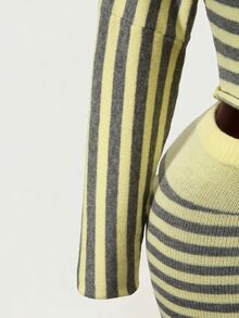 Mistrie Women's Striped Asymmetric Neck Long Sleeve Slim Fit Sweater - Yellow - View 7