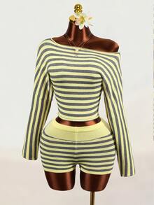 Mistrie Women's Striped Asymmetric Neck Long Sleeve Slim Fit Sweater - Yellow - View 10