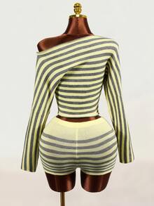Mistrie Women's Striped Asymmetric Neck Long Sleeve Slim Fit Sweater - Yellow - View 4