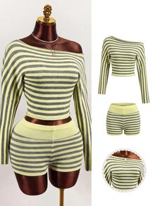 Mistrie Women's Striped Asymmetric Neck Long Sleeve Slim Fit Sweater - Yellow - View 3