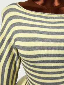 Mistrie Women's Striped Asymmetric Neck Long Sleeve Slim Fit Sweater - Yellow - View 5