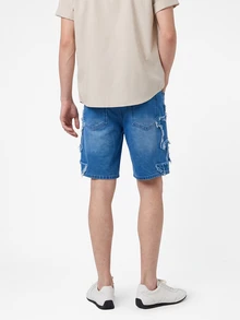 Manfinity EMRG Men's American Hip-Hop Street Style Star Patch Raw Hem Loose Wide Leg Pants - Medium Wash - View 2